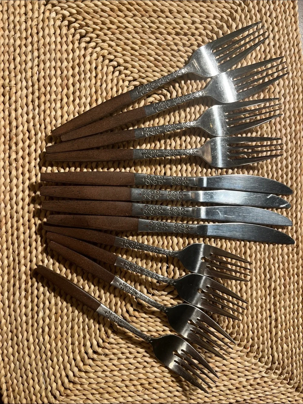 Vtg MCM Interpur 12 pc Wood Handle Silverware 4 knives 4 sm and 4 lg forks